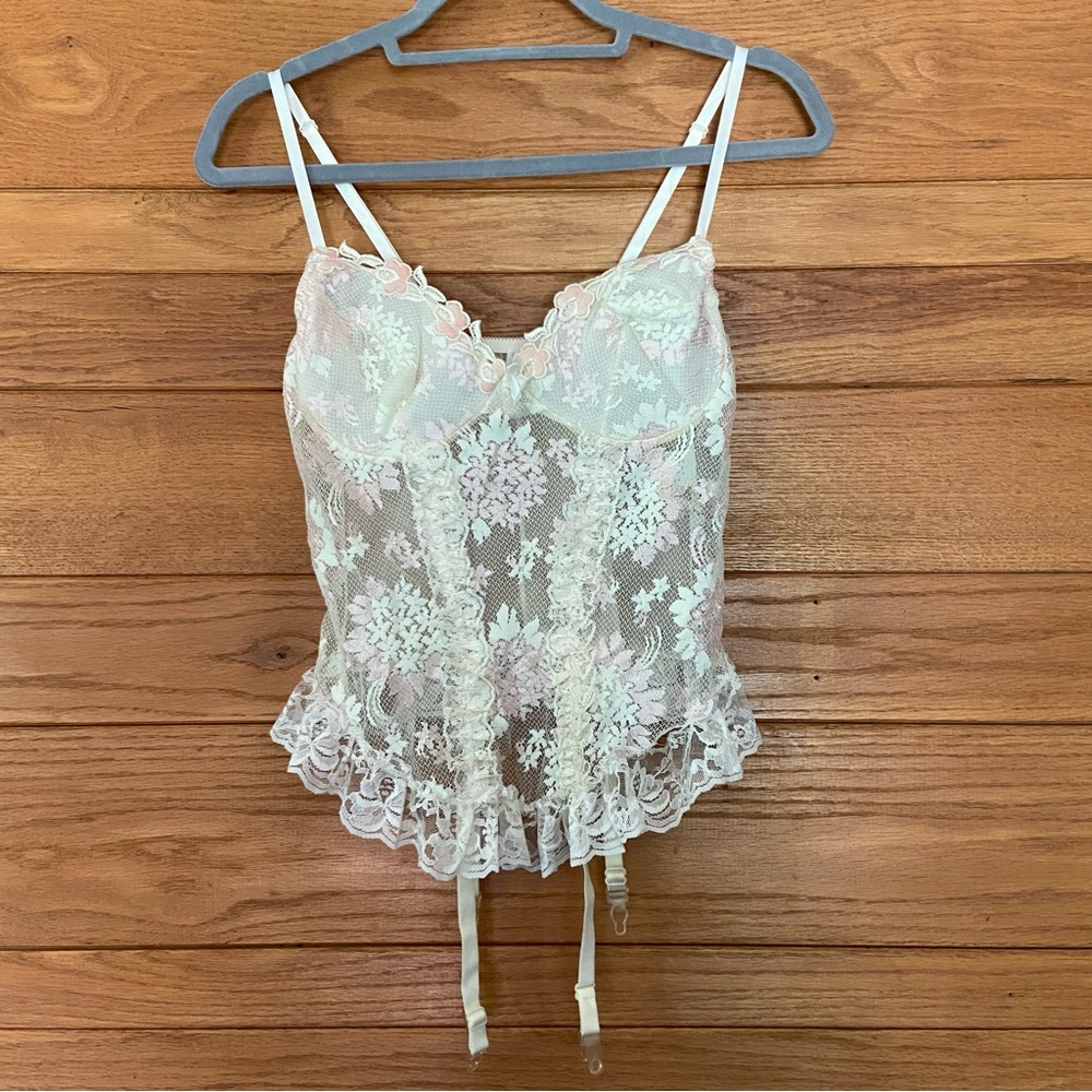 Vintage 90s Je T'adore cream pink lace ruffle corset bustier top